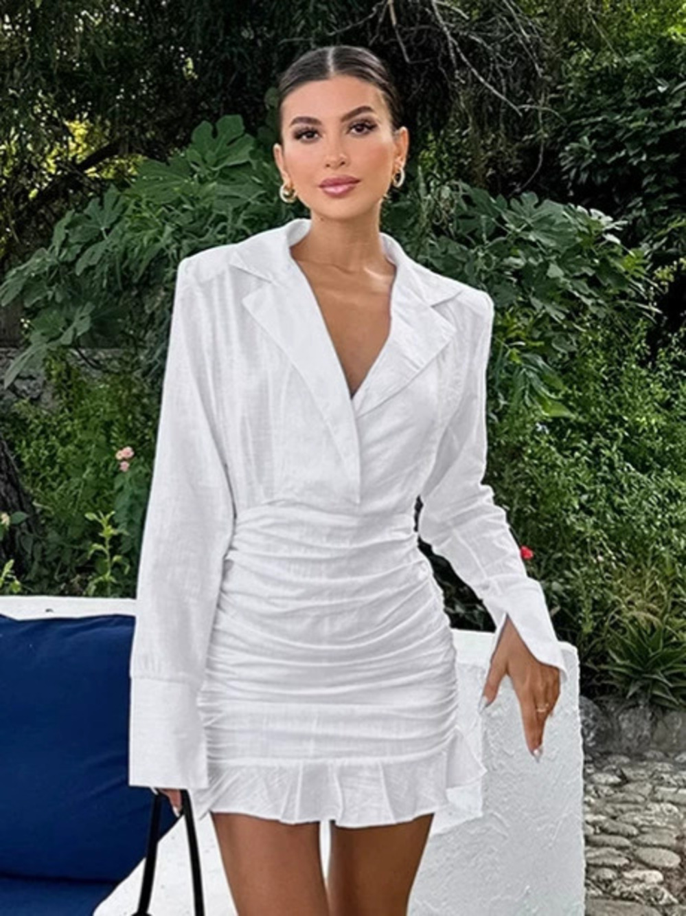 Forever 21 Spring Cotton Linen Blazer Dress White Fitted Long Sleeve